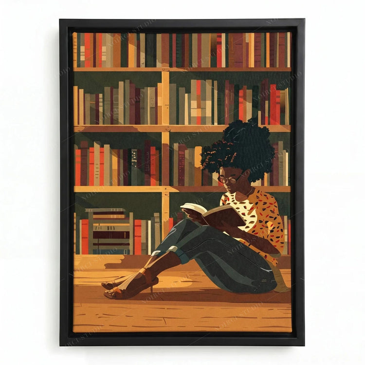 Black family art in a black floating frame, illustrated girl in glasses reading on the library floor