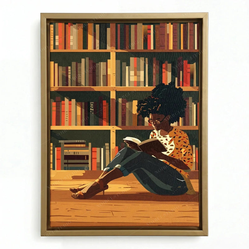 Girl reading painting in a gold floating frame, warm library scene with shelves of red and green books