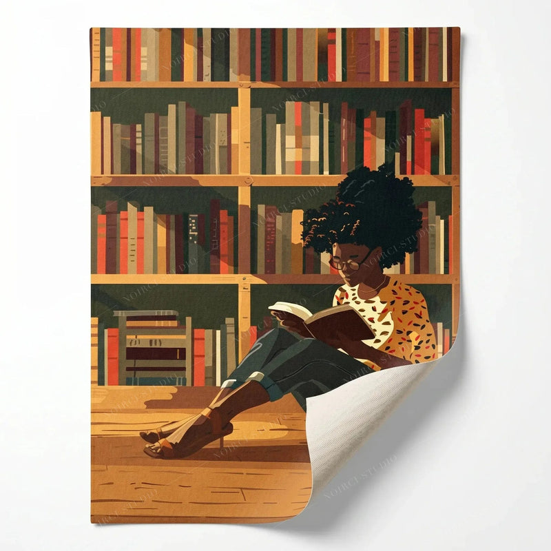 Rolled canvas print of a girl reading in a library, ready for custom framing