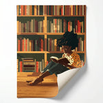 Rolled canvas print of a girl reading in a library, ready for custom framing
