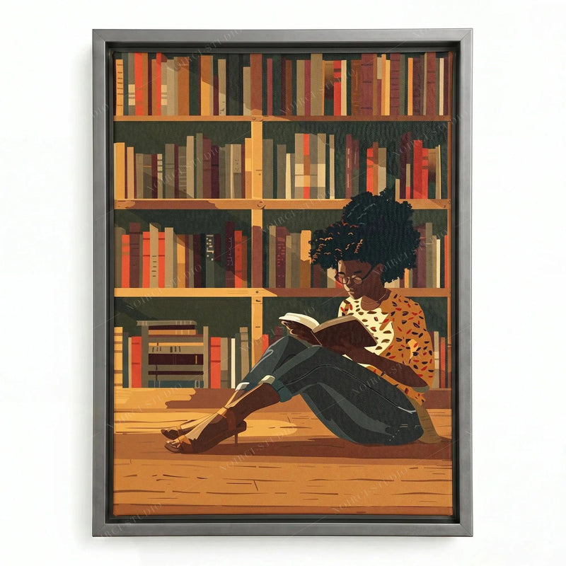 Black family wall art in a silver floating frame, girl in a leopard print top reading in a sunlit library