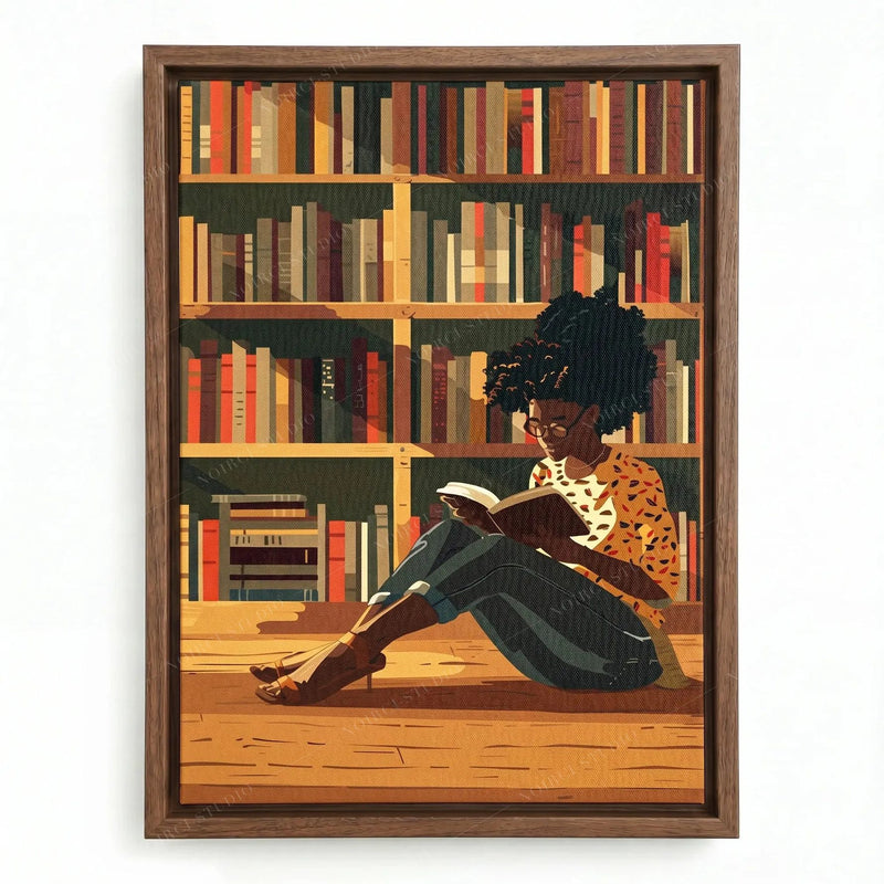 African American family art in a walnut floating frame, girl with afro puffs reading before tall bookshelves