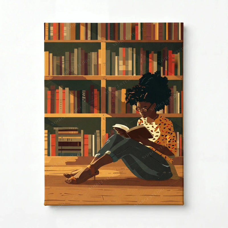 Stretched canvas of a Black girl reading in a library, ready to hang