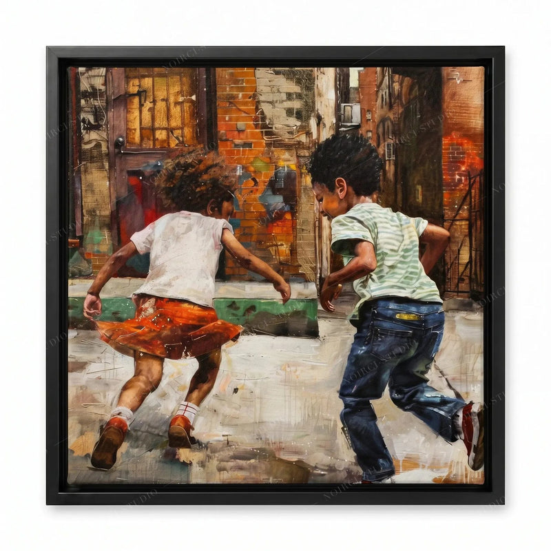 Black girl in an orange skirt and boy in jeans racing down a wet city street, painterly canvas in a black floating frame