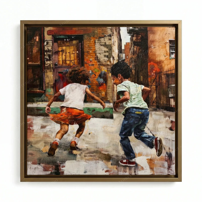 Gold floating frame close-up, joyful Black children sprinting across rain-slick pavement in loose oil brushwork
