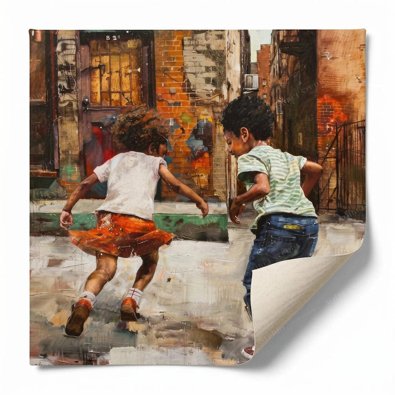 Rolled canvas print of two Black kids racing down a city block, ready for custom framing
