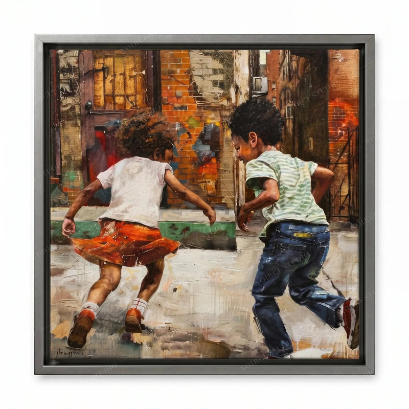Black family wall art in a silver floating frame, kids at play in an alley of weathered brick and painted doorways