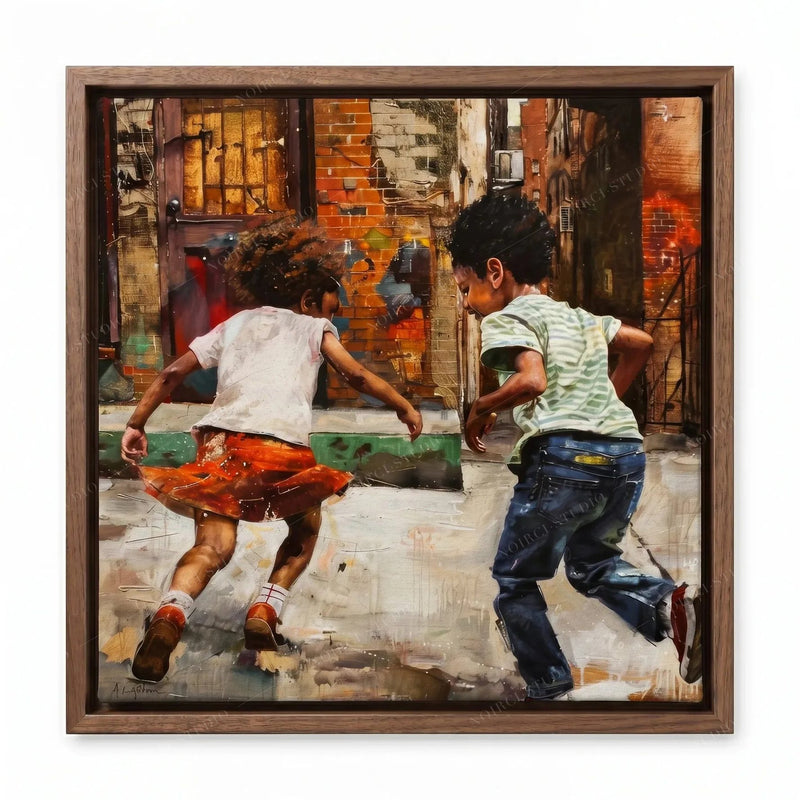 African American family art in a walnut floating frame, two children running past brick storefronts after rain