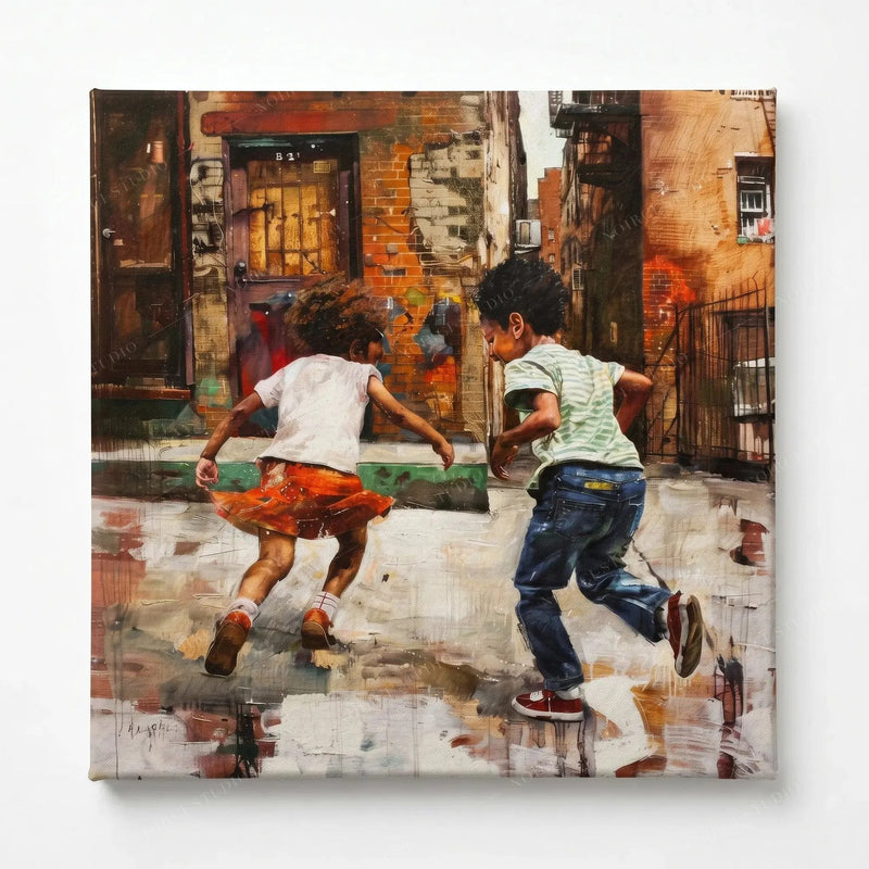 Stretched canvas, ready to hang, Black children running through an urban alley in warm rust and cream tones