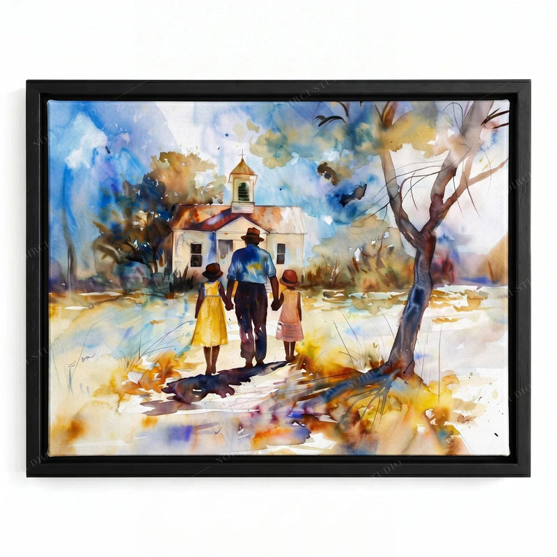 Sunday Best church art in a black floating frame, watercolor father and two daughters walking to a country church