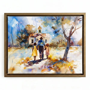 African American church art in a gold floating frame, family in Sunday clothes nearing a steepled chapel
