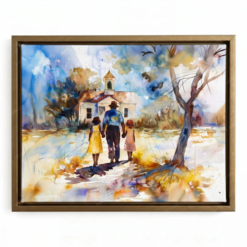 African American church art in a gold floating frame, family in Sunday clothes nearing a steepled chapel