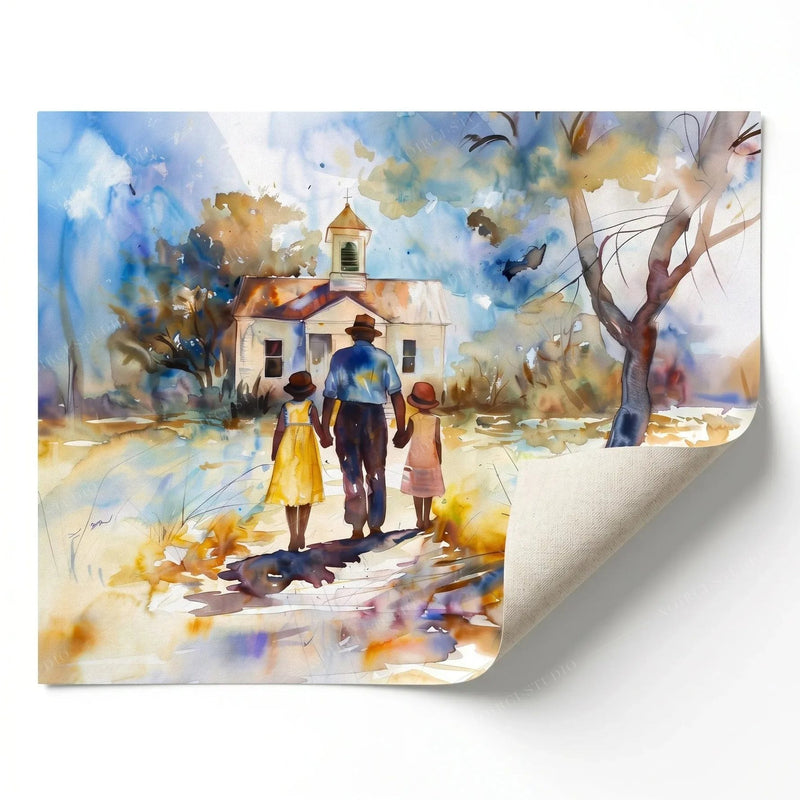 Rolled canvas print of a family walking to Sunday service, ready for custom framing