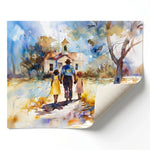 Rolled canvas print of a family walking to Sunday service, ready for custom framing