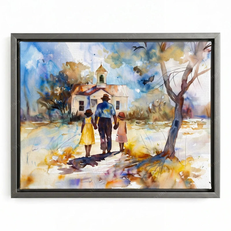 Gullah art print in a silver floating frame, girls in yellow and pink dresses on a sunlit path past a bare oak