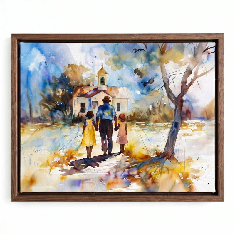 Black church wall art in a walnut floating frame, father holding his daughters' hands on the path to a white chapel