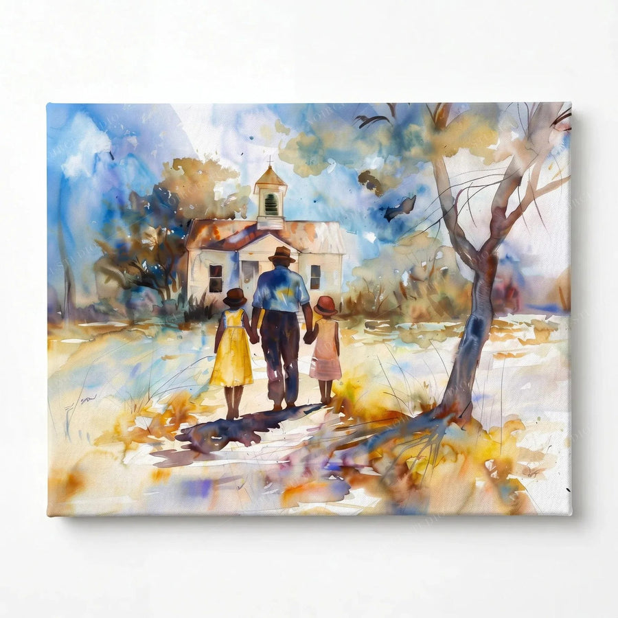 Stretched canvas, ready to hang, Black family arriving for morning worship in a watercolor churchyard