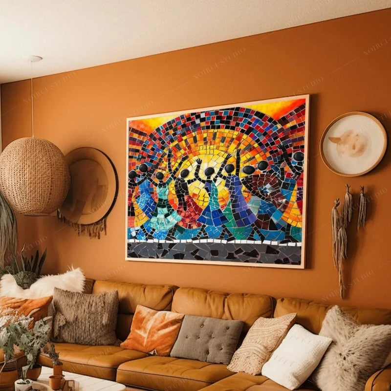 Afrohemian decor, mosaic dancers canvas on a terracotta wall above a cognac leather sectional and woven pendant