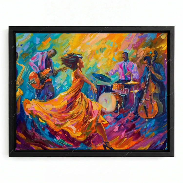 Jazz dancer painting in a black floating frame, woman in a swirling orange gown with sax, guitar, drums and upright bass