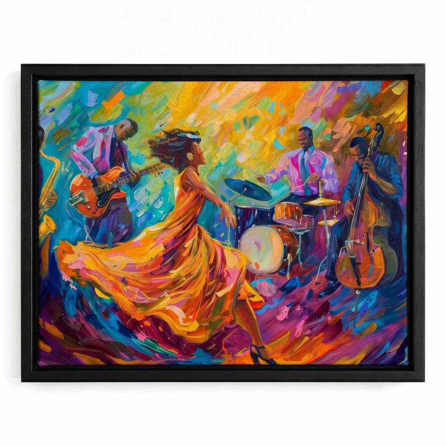 Jazz dancer painting in a black floating frame, woman in a swirling orange gown with sax, guitar, drums and upright bass
