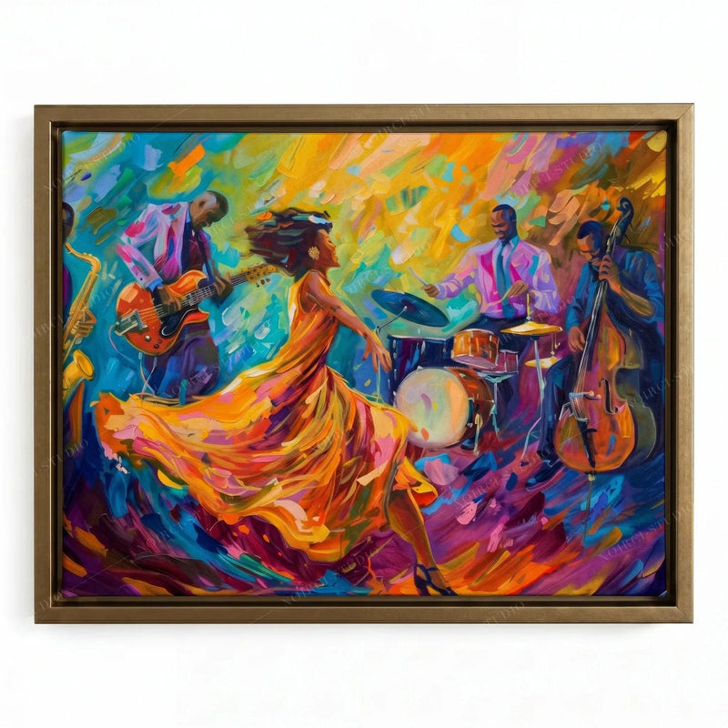 Colorful jazz wall art in a gold floating frame, dancer in a flowing dress with a Black quartet in blues and purples