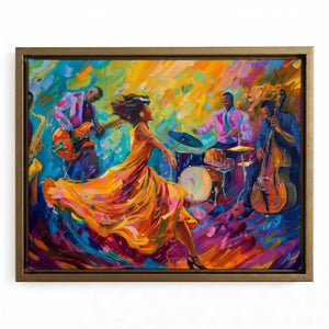 Colorful jazz wall art in a gold floating frame, dancer in a flowing dress with a Black quartet in blues and purples