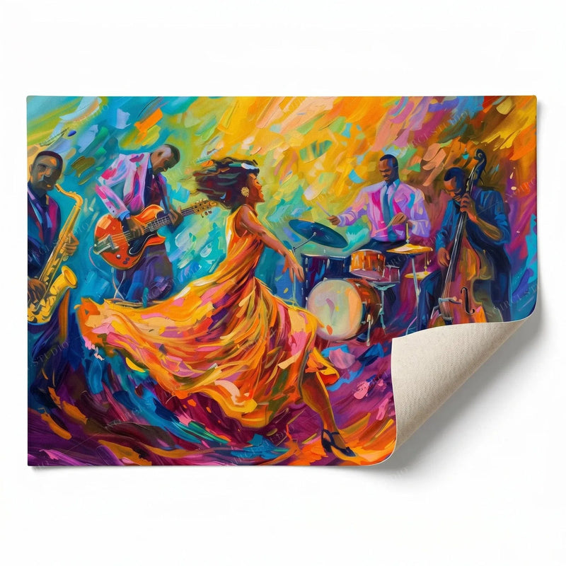 Rolled canvas print of a colorful jazz dance scene, curled corner showing, ready for custom framing