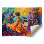 Rolled canvas print of a colorful jazz dance scene, curled corner showing, ready for custom framing