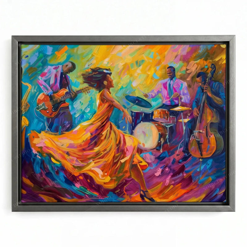 Blues wall art in a silver floating frame, expressive painting of a twirling dancer and jazz musicians in bold color