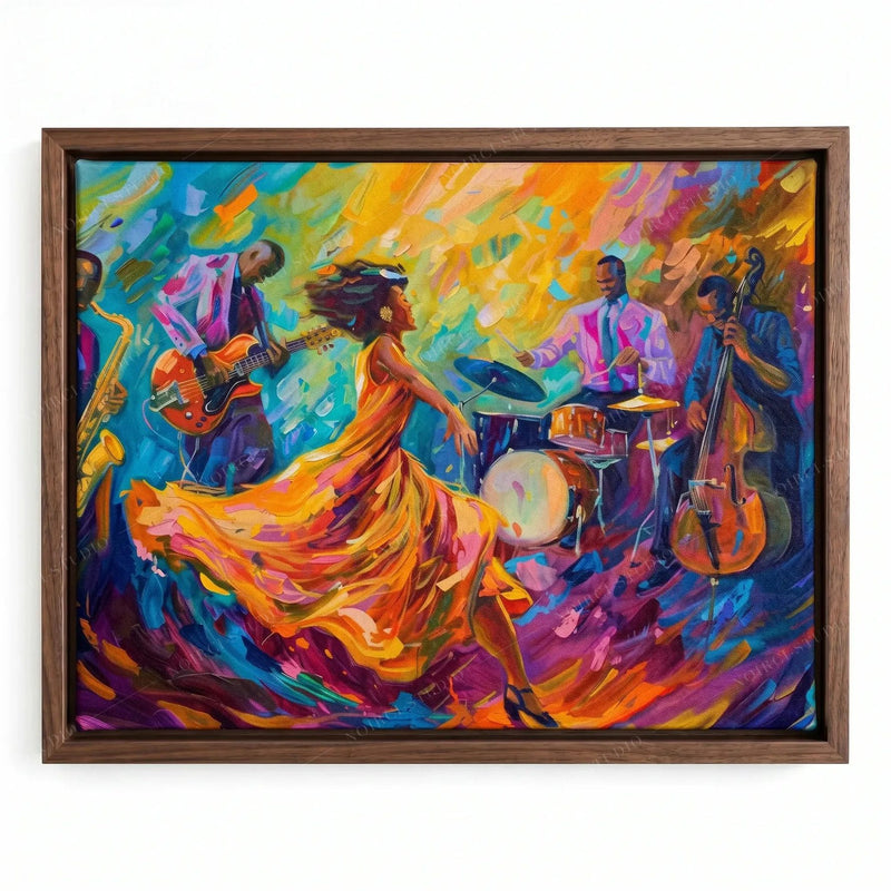 Harlem Renaissance artwork in a walnut floating frame, impasto jazz band with a dancer mid twirl in orange