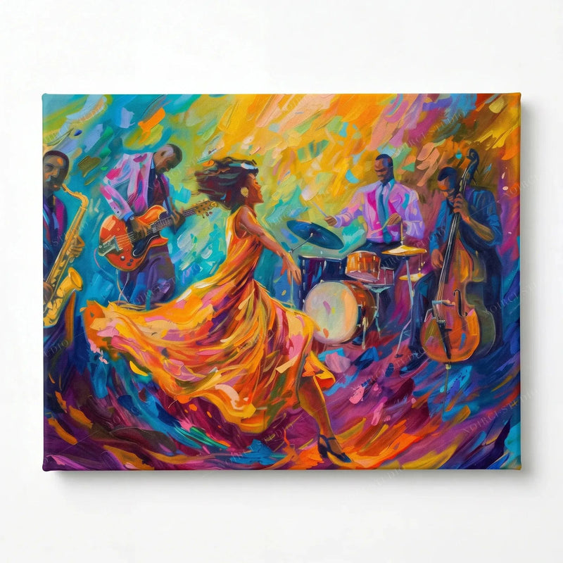 Stretched canvas of a jazz quartet and dancer in an orange gown, gallery wrapped and ready to hang