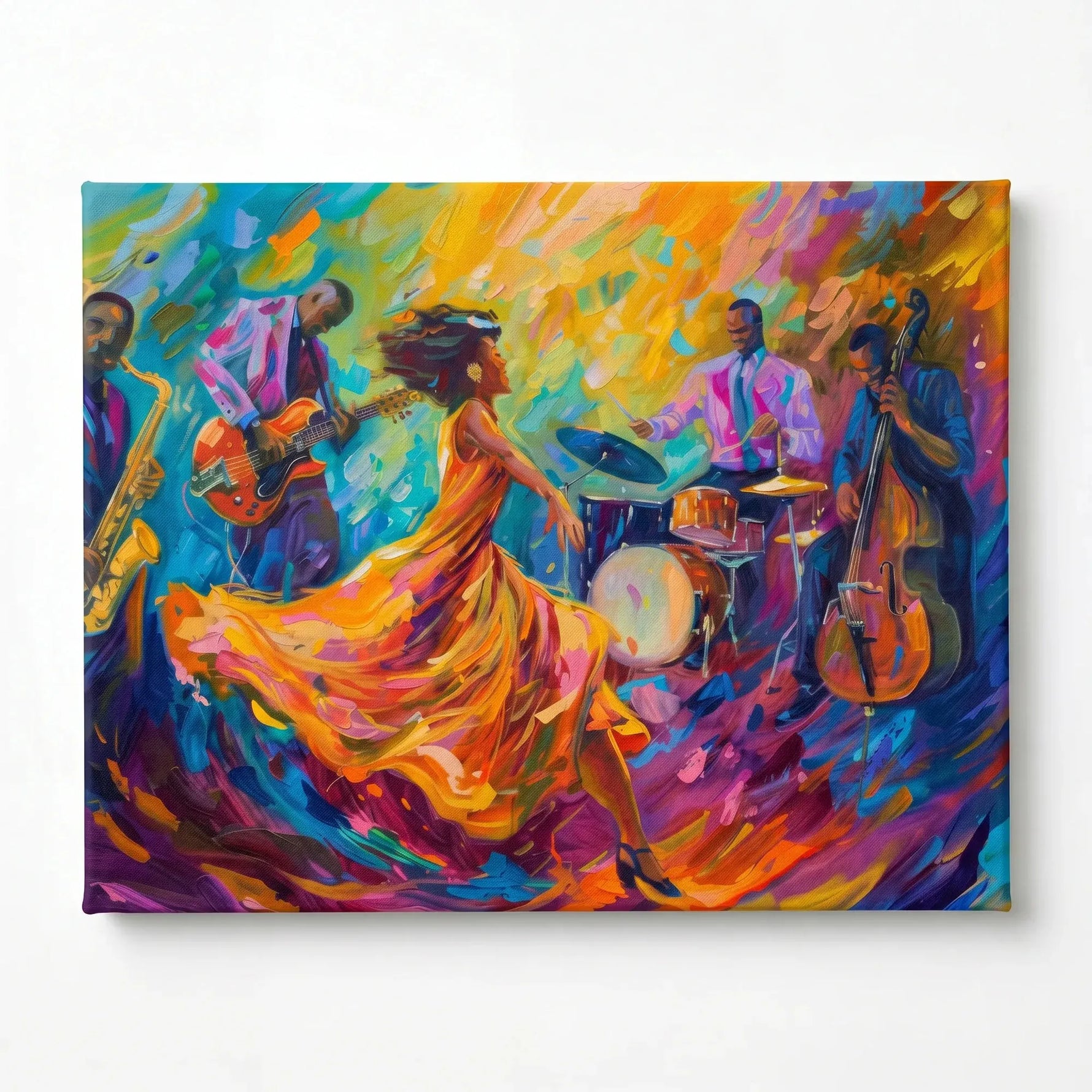 Stretched canvas of a jazz quartet and dancer in an orange gown, gallery wrapped and ready to hang
