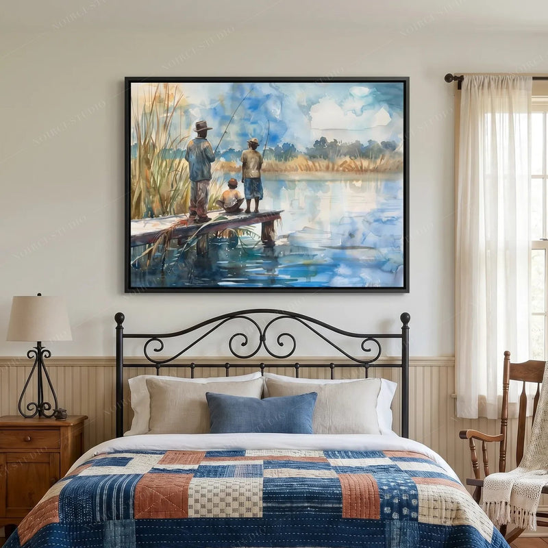 Lowcountry bedroom art, framed dock scene above an iron bed with a patchwork quilt