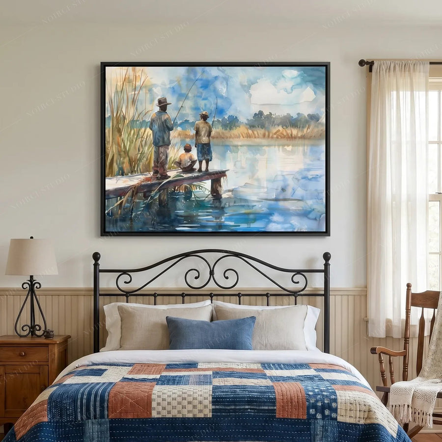 Lowcountry bedroom art, framed dock scene above an iron bed with a patchwork quilt