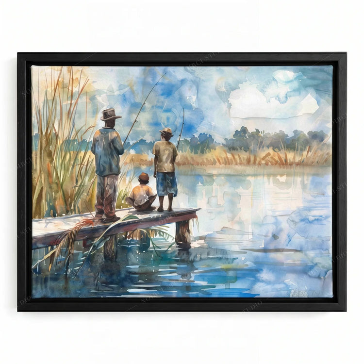 Tidewater fishing art in a black floating frame, two Black men and a boy with rods on a dock among tall reeds