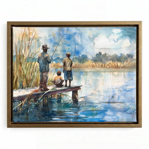 African American art in a gold floating frame, three figures fishing on a calm lowcountry river