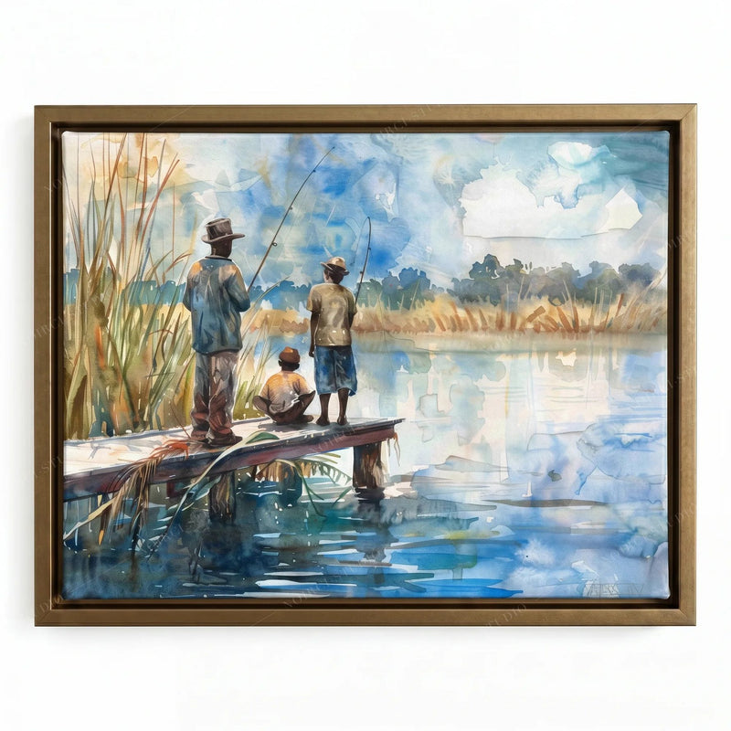 African American art in a gold floating frame, three figures fishing on a calm lowcountry river