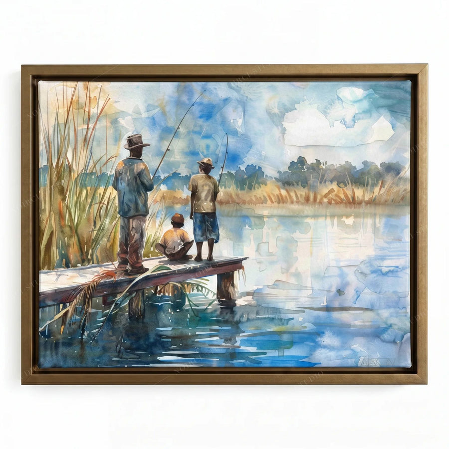 African American art in a gold floating frame, three figures fishing on a calm lowcountry river