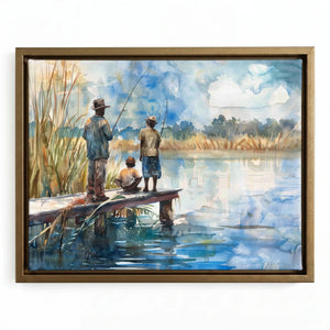 African American art in a gold floating frame, three figures fishing on a calm lowcountry river