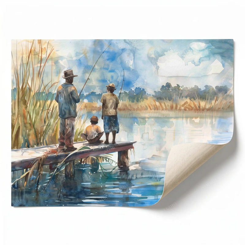Rolled canvas print of a dockside fishing scene on the marsh, ready for custom framing
