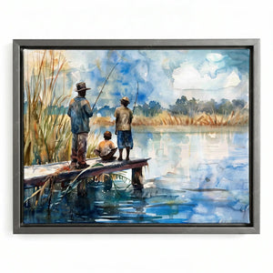 Gullah art print in a silver floating frame, fishermen and a child on a dock with rods over still water