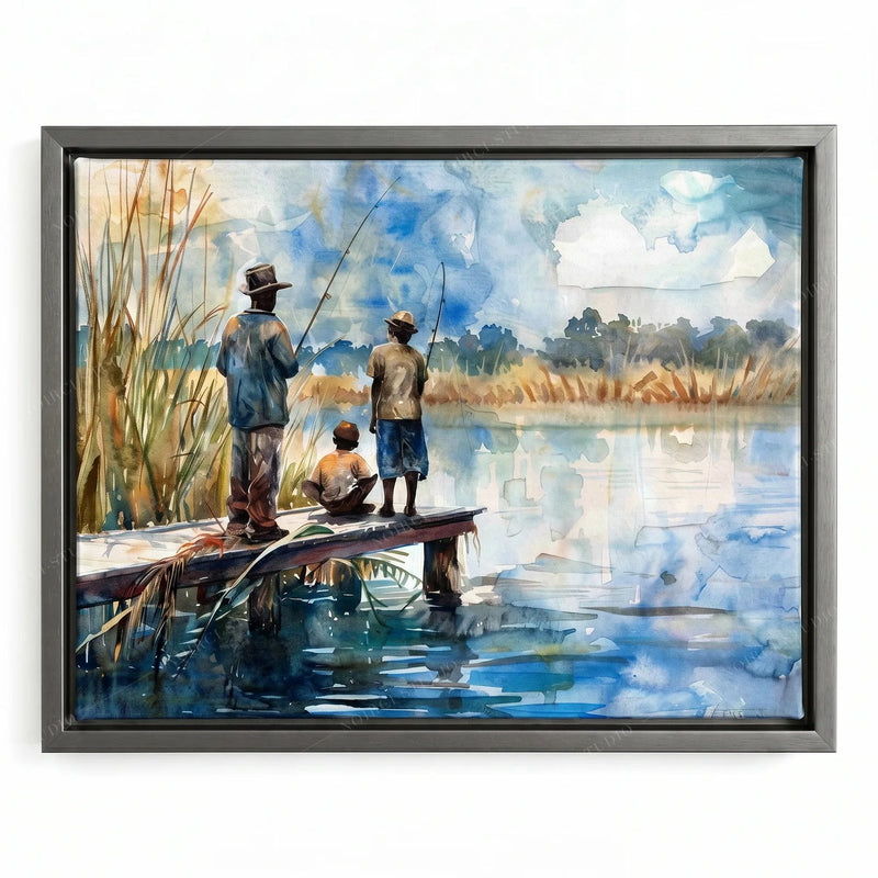 Gullah art print in a silver floating frame, fishermen and a child on a dock with rods over still water