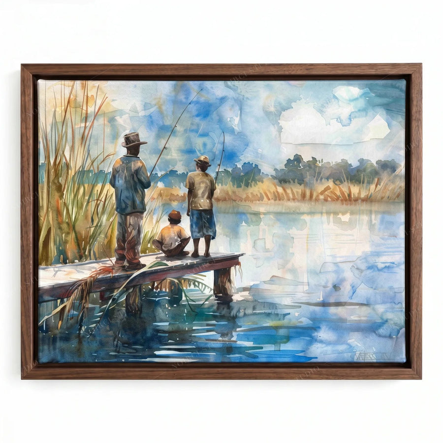 Black wall art in a walnut floating frame, watercolor of a family casting lines from a marsh dock at midday