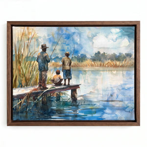 Black wall art in a walnut floating frame, watercolor of a family casting lines from a marsh dock at midday