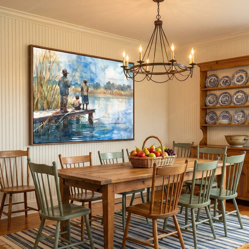 African American dining room art, river fishing scene above a farmhouse table with Windsor chairs