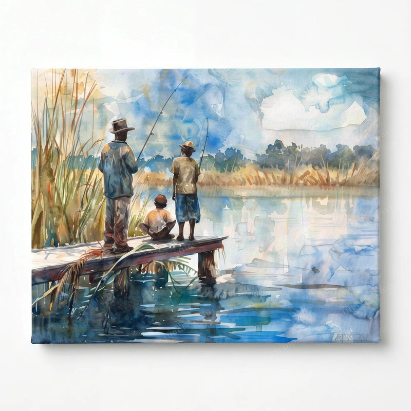 Stretched canvas, ready to hang, watercolor of Black men and a boy fishing from a reed-lined dock