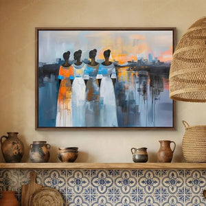 Black kitchen wall art, walnut framed painting above blue patterned tile, pottery jugs and a woven pendant shade