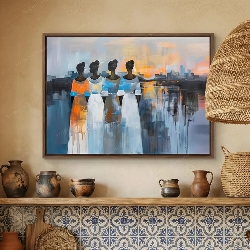 Black kitchen wall art, walnut framed painting above blue patterned tile, pottery jugs and a woven pendant shade