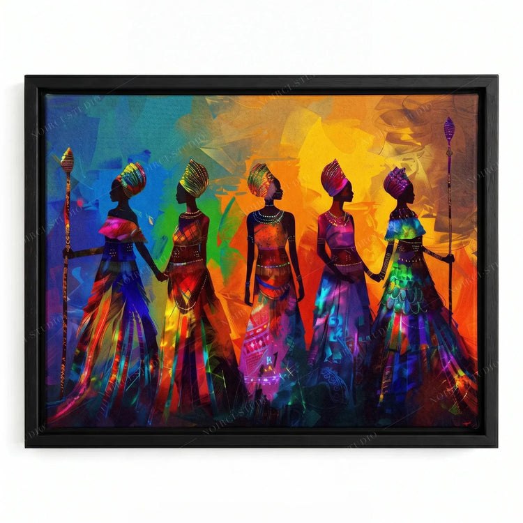 Five African women in headwraps holding staffs, black floating frame, rainbow painted background, African wall decor