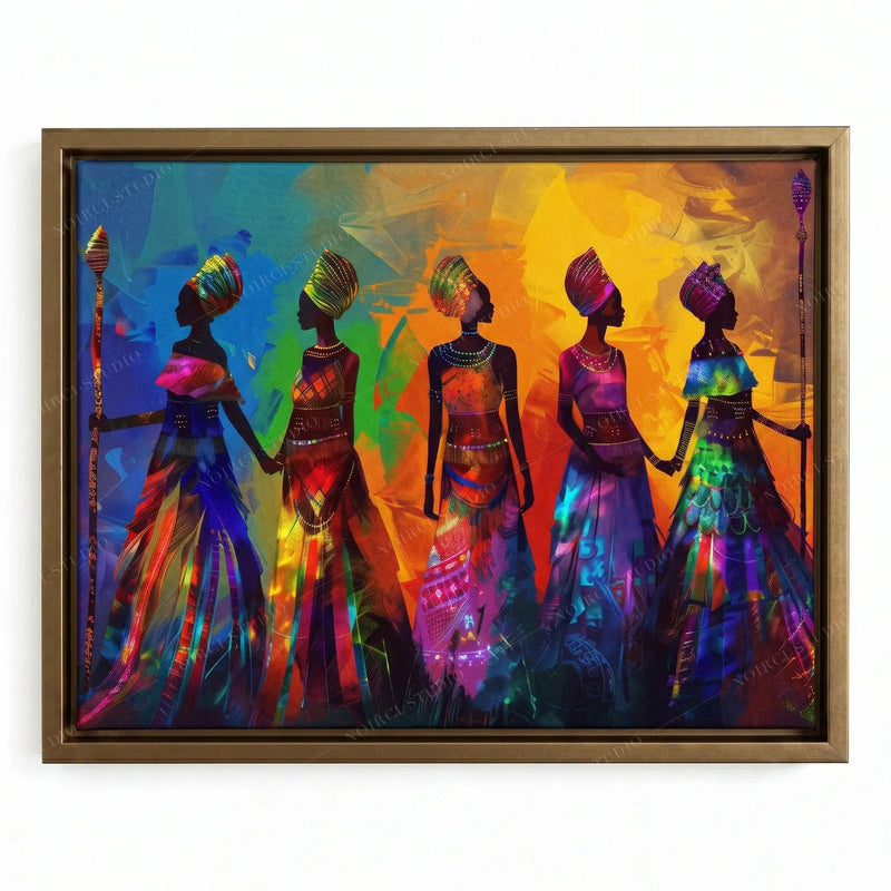 African art canvas print in a gold floating frame, five women in beaded dresses and headwraps with ceremonial staffs
